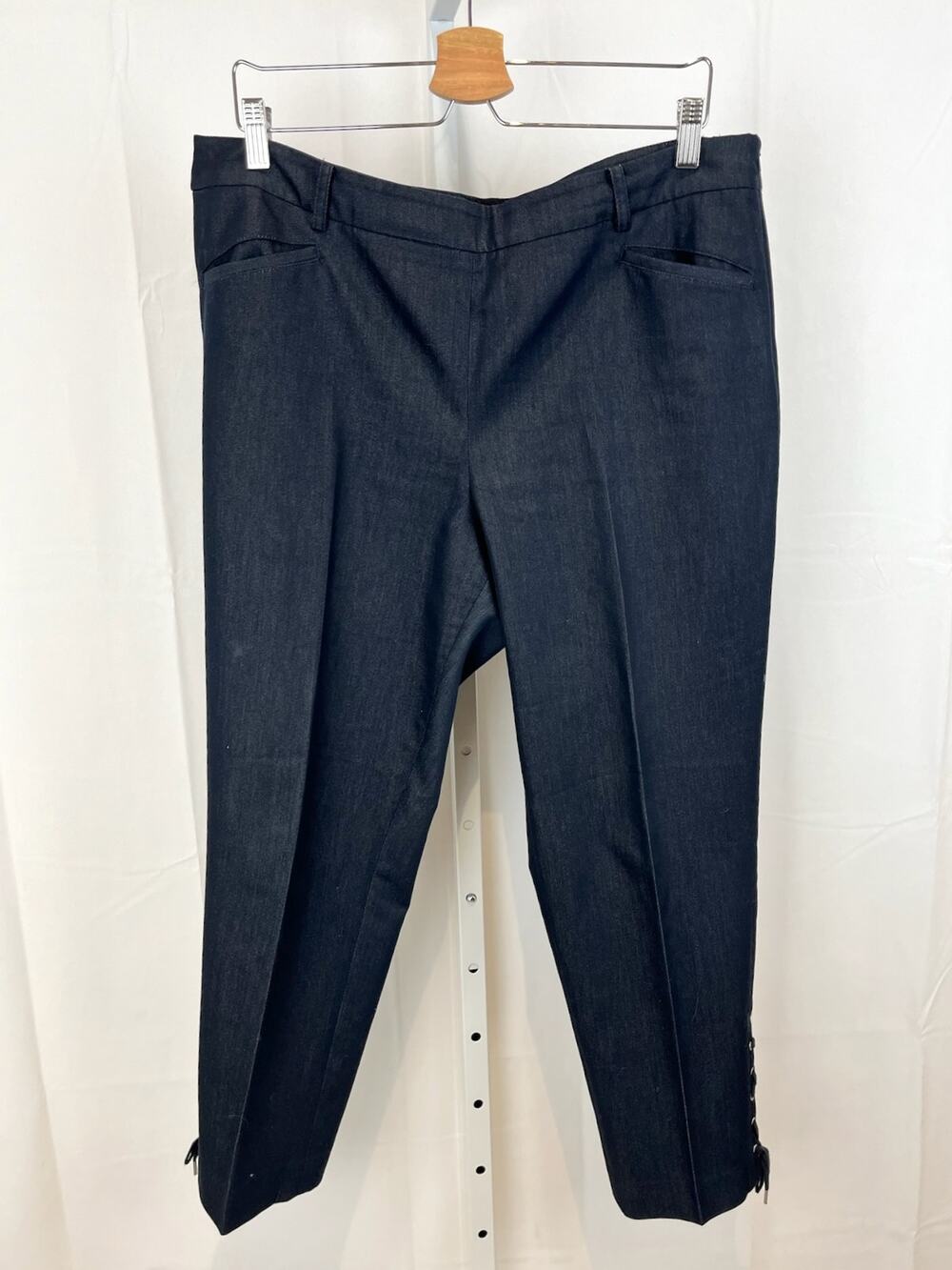 TALBOTS Petite 16 16P Flat Front Side Zip Lace Up Hem Crop Pants Dark Wash Blue